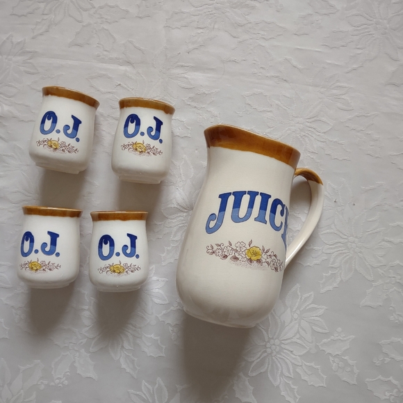 Pitcher 4 Juice Drinking Set Vintage Japan Ceramics Hand Painted Cottage Rustic